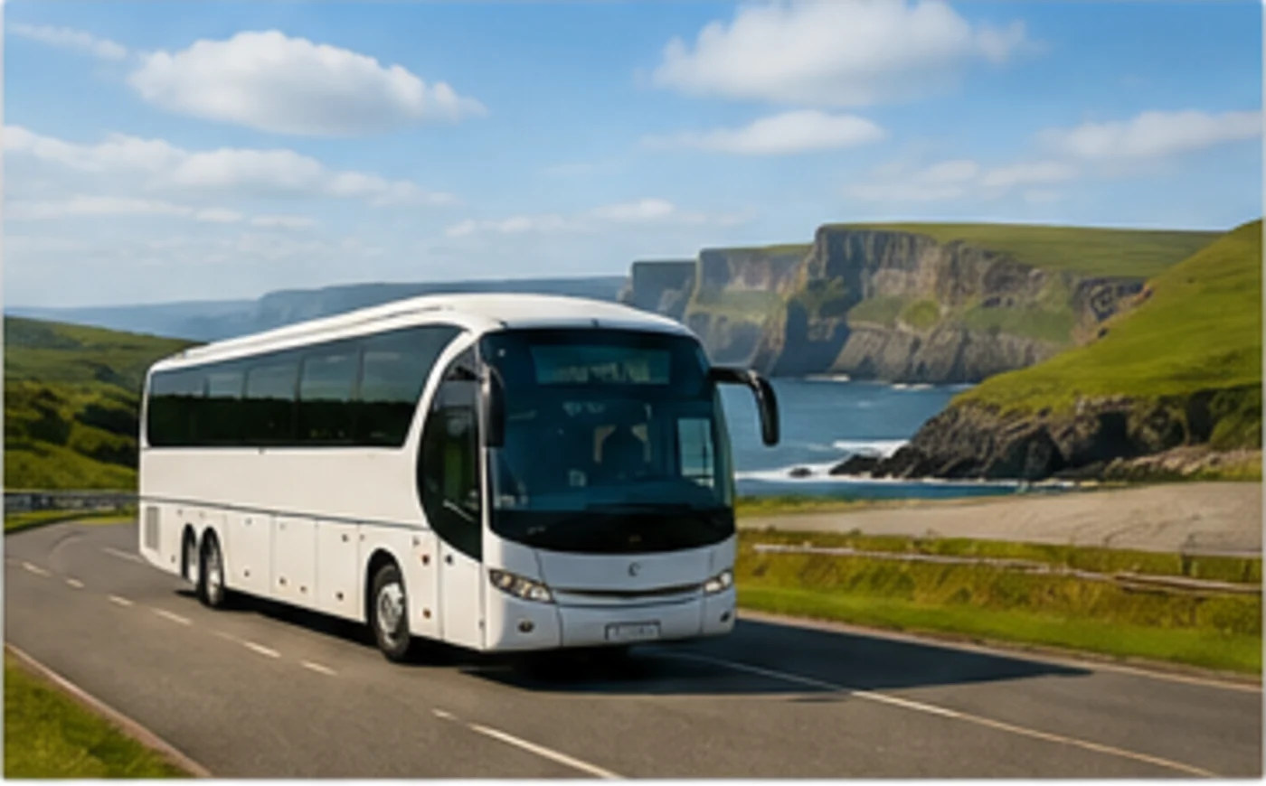 Illustrative coach travelling through the Irish countryside