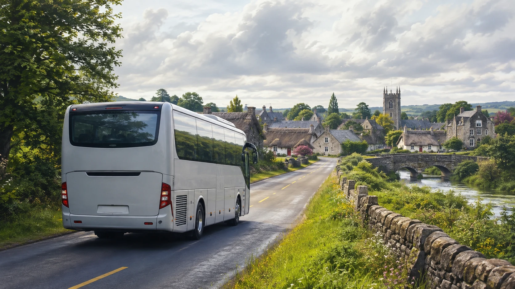 Illustrative coach journey toward an Irish village