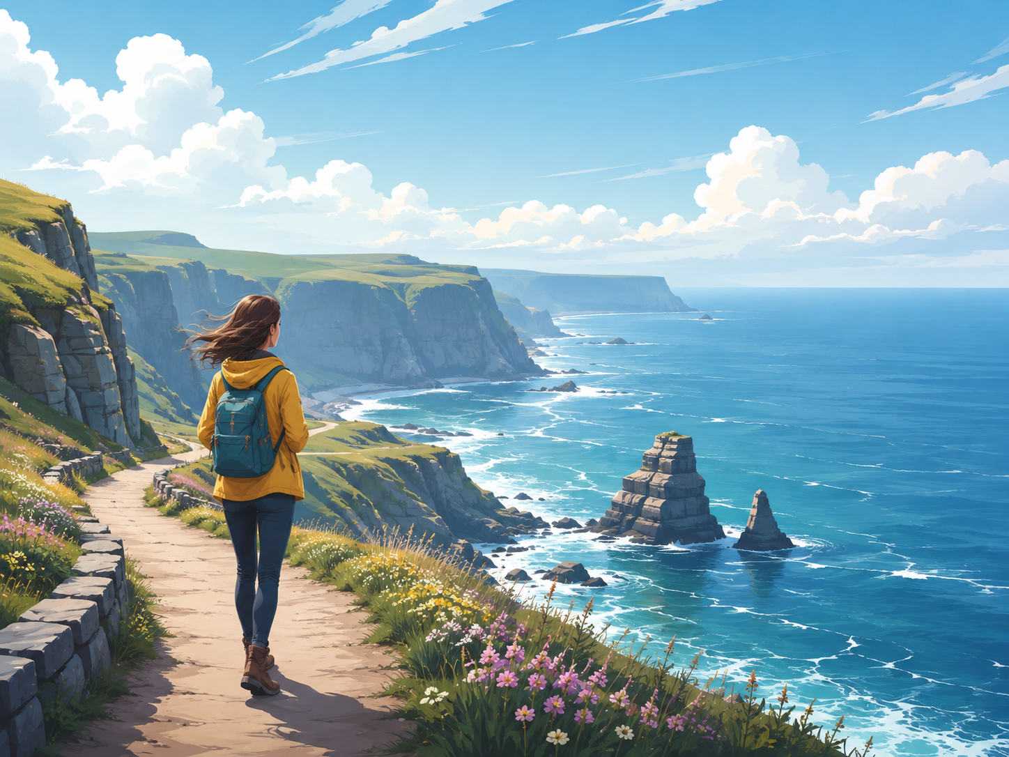 Illustrated traveller walking on a clifftop path above the Atlantic