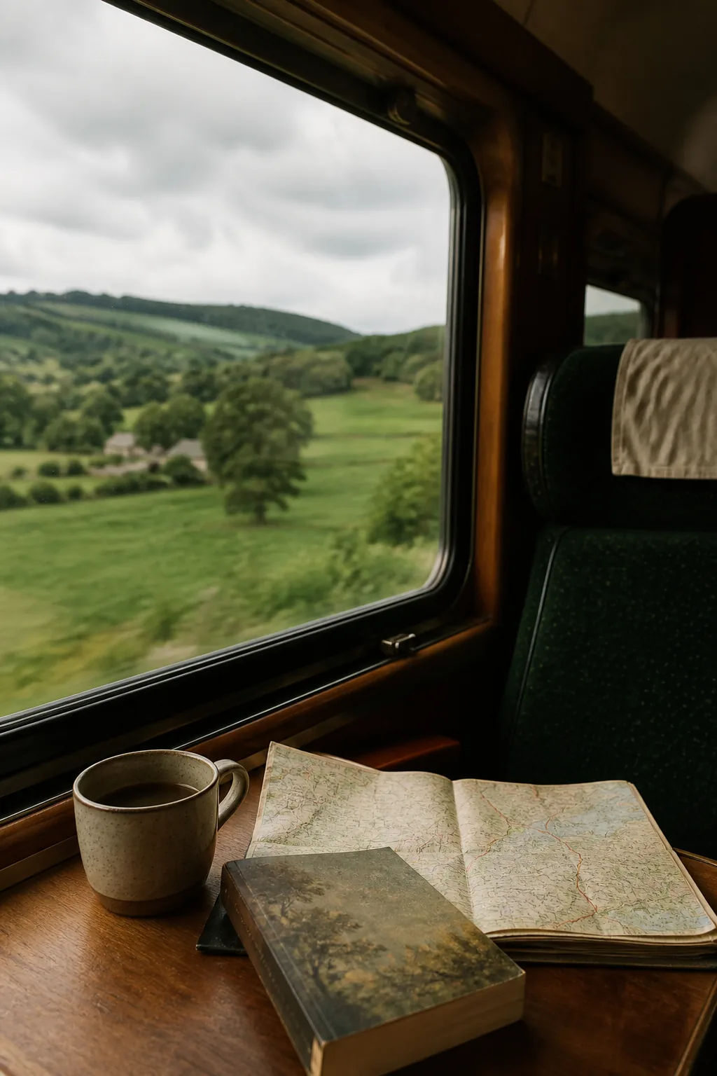 Illustrative train journey with a map and cup beside the window